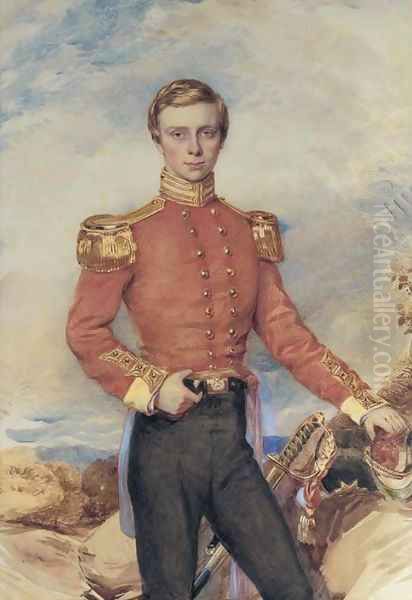 Portrait of an Infantry Officer, three-quarter-length, standing in a rugged landscape Oil Painting by John Hoppner