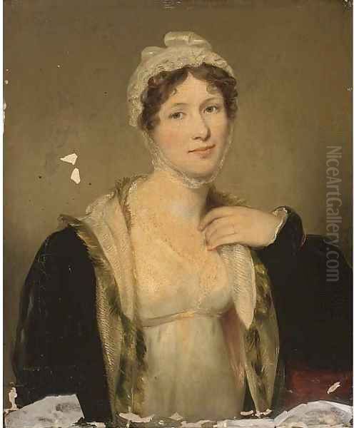 Portrait of Mrs Carpenter, nee Geddes, half-length, in a white dress and black fur trimmed cloak Oil Painting by John Hoppner