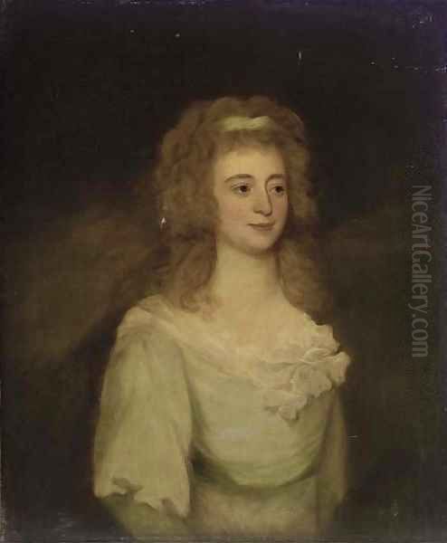 Portrait of Mrs. Denis, bust-length, in a blue dress Oil Painting by John Hoppner