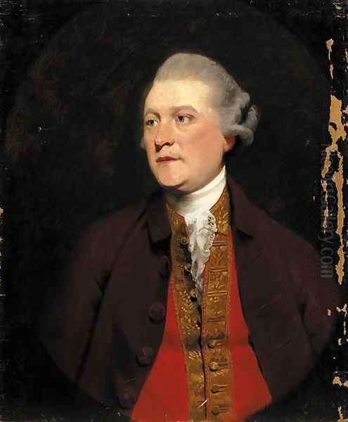 Portrait of a gentleman, half-length, in a brown coat and red waistcoat with gold trim, feigned oval Oil Painting by John Hoppner