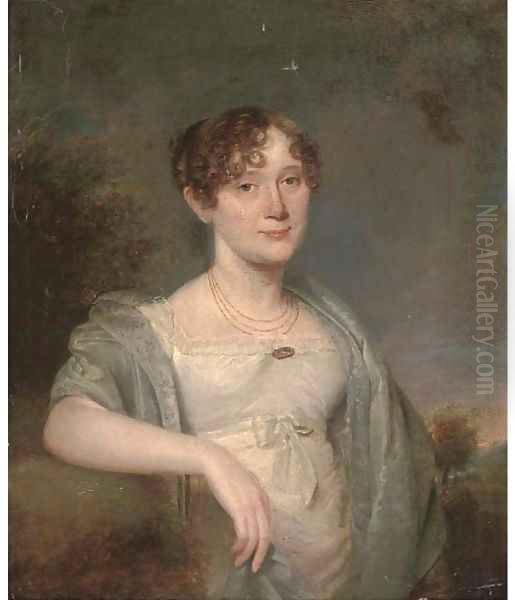 Portrait of a lady, half-length, in a white dress and grey shawl, with a landscape beyond Oil Painting by John Hoppner