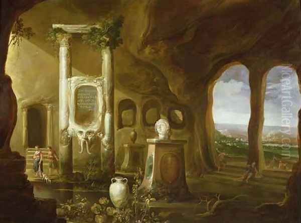 A monument to Augustus in a grotto with figures Oil Painting by Charles-Cornelisz de Hooch