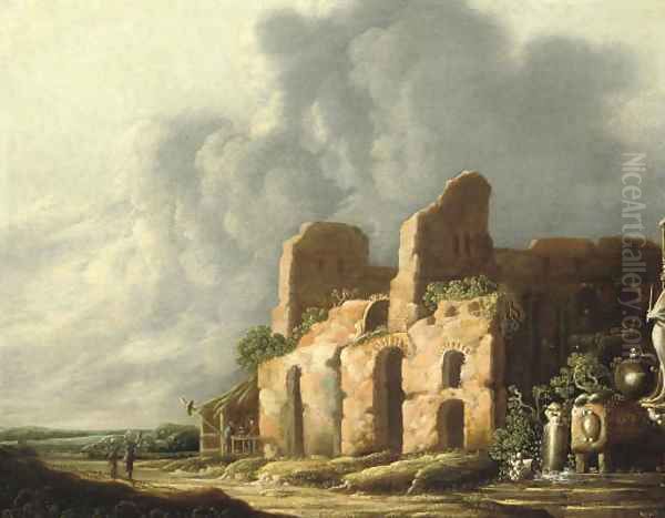 An Italiante landscape with ancients ruins Oil Painting by Charles-Cornelisz de Hooch