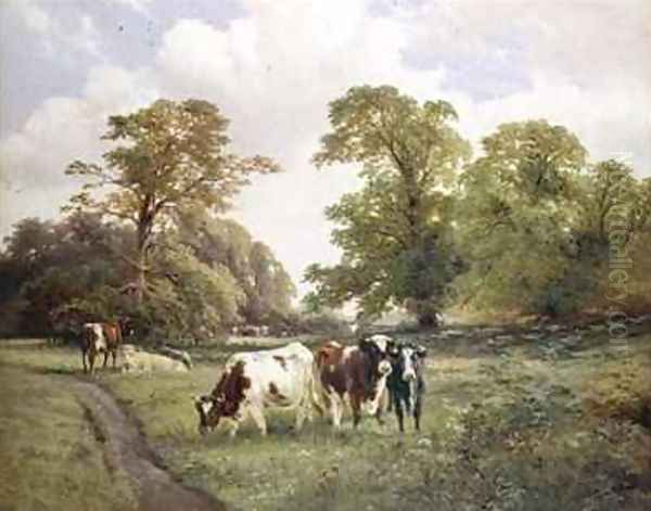 Cattle Grazing by a Path in a Wooded Landscape Oil Painting by James Duffield Harding