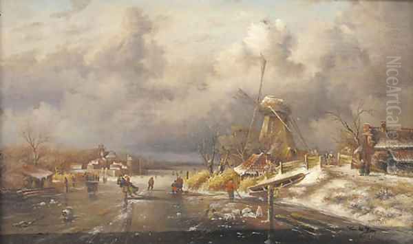 Figures skating on a frozen canal by a windmill Oil Painting by Romeyn de Hooghe