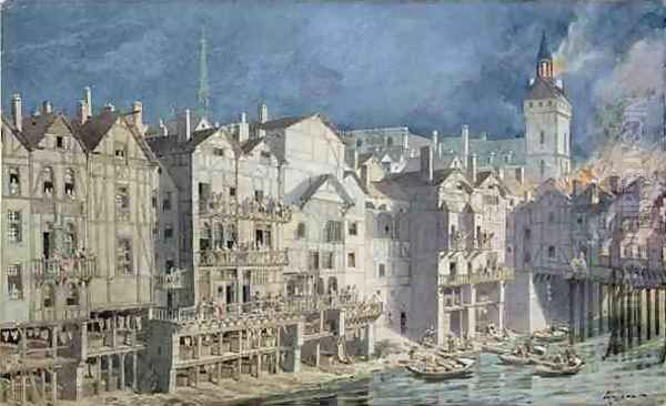 Fire at the Pont aux Meuniers in 1621 Oil Painting by Theodor Josef Hubert Hoffbauer