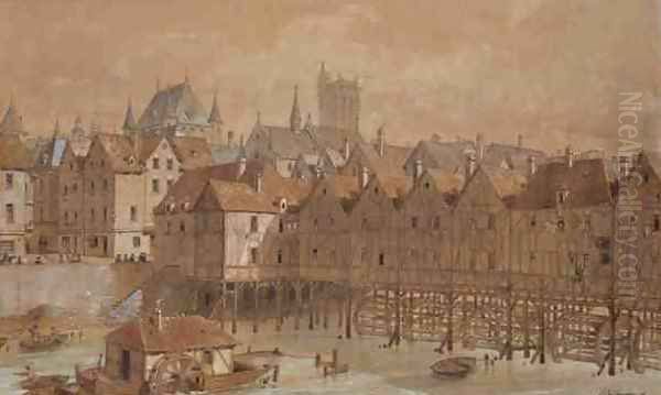 The Grand Chatelet and the Pont aux Meuniers Oil Painting by Theodor Josef Hubert Hoffbauer