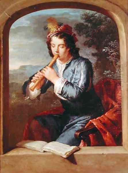 Young Man Playing the Flute Oil Painting by Gerard Hoet