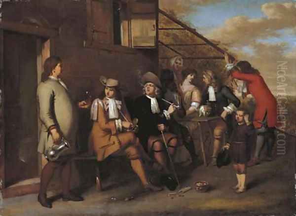 Elegant company smoking and drinking outside an inn Oil Painting by Gerard Hoet