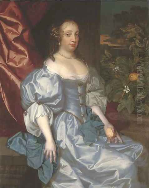 Portrait of a lady, traditionally identified as Catherine of Braganza, three-quarter-length, in a light blue satin dress Oil Painting by Jacob Huysmans