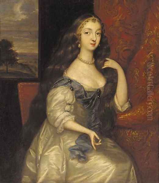 Portrait of a lady, seated small three-quarter-length, in a white dress and blue scarf, by a red curtain Oil Painting by Jacob Huysmans