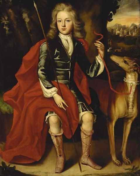 Portrait of a young huntsman, seated full-length, in a blue coat with a crimson wrap, holding a spear, a hound at his side Oil Painting by Jacob Huysmans