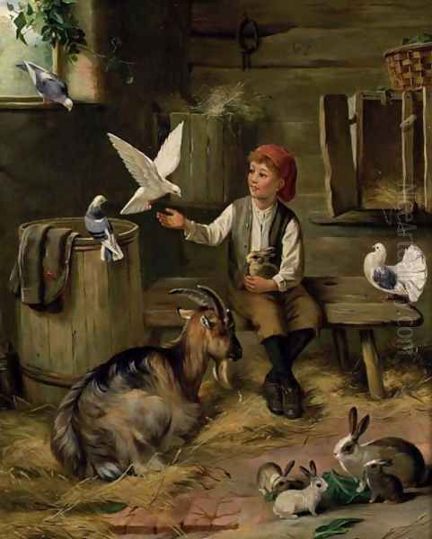 Farmyard friends Oil Painting by F. Hunt