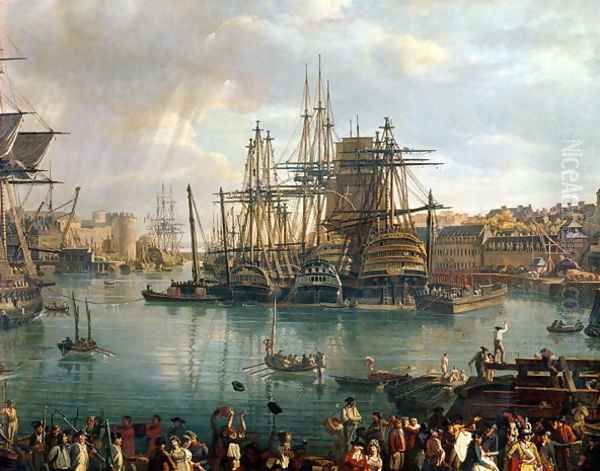 The Port of Brest with a view of shipping 1794 Oil Painting by Jean-Francois Hue