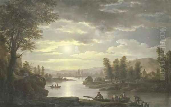 A moonlit river landscape Oil Painting by Jean-Francois Hue