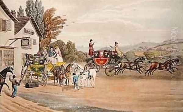 A London Mail and Stage Coach Oil Painting by Robert the Elder Havell