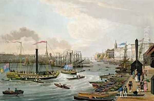 A View of London Bridge and the Custom House with the Margate Steam Yachts Oil Painting by Robert the Elder Havell