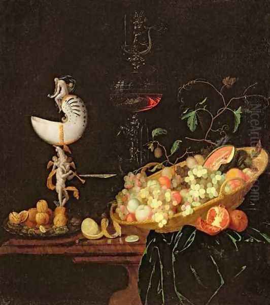 A Still Life of fruit with a nautilus cup on a draped ledge Oil Painting by Georg Hinz