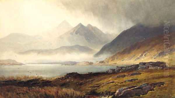 Loch and Broch and Hills in misty background Oil Painting by Henry Andrew Harper