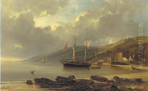 Two-master anchored in a bay Oil Painting by Julius Hintz