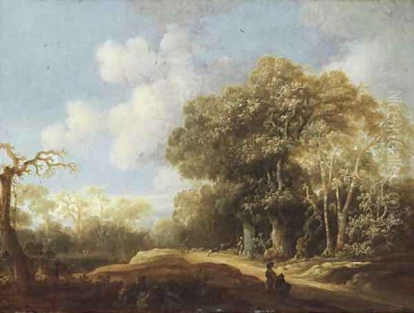 A stag hunt in a wooded landscape Oil Painting by Joris van der Hagen