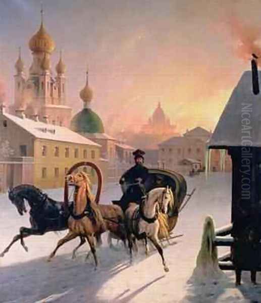 Troika on the Street in St Petersburg Oil Painting by Charles de Hampeln