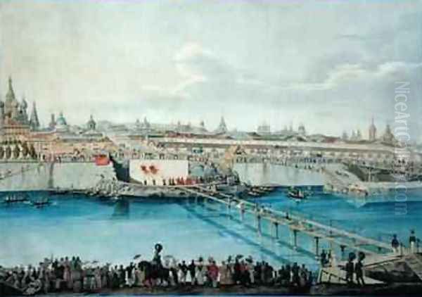 Laying of the Moskvoretsky Bridge in Moscow Oil Painting by Charles de Hampeln