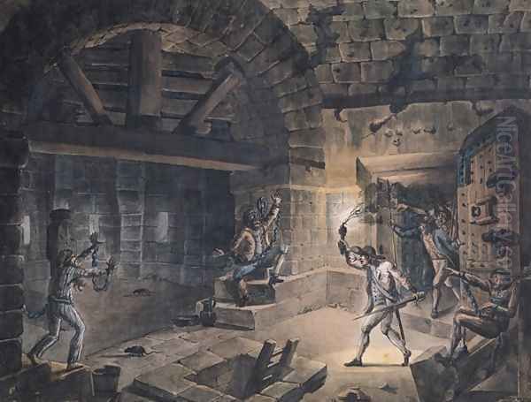 View of a cell in the Bastille at the moment of releasing prisoners Oil Painting by Jean-Pierr Houel