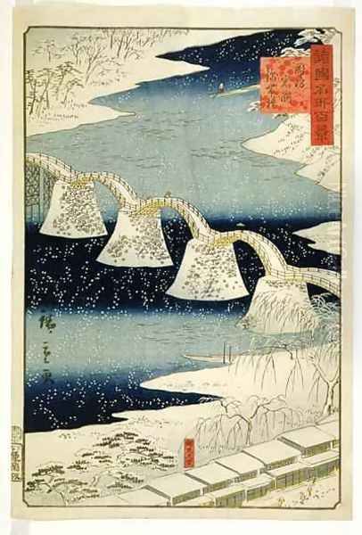 Kintai bridge in the snow from the series Shokoku Meisho Hyakkei Oil Painting by Hiroshige II (Ichiusai Shigenobu)