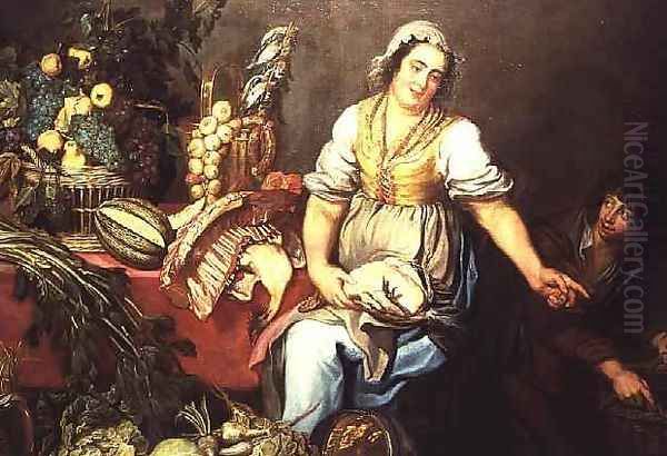 Kitchen Still Life with Fruit Vegetables and a Girl Holding a Chicken Oil Painting by Kasper or Gaspar van den Hoecke