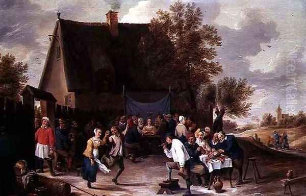 Villagers Celebrating a Wedding Feast Outside a Country Tavern Oil Painting by Matheus van Helmont