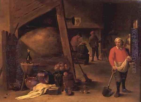 A peasant leaning on a spade beside a cluster of pots and and pans in an inn beyond three figures gathered round a fire place Oil Painting by Matheus van Helmont