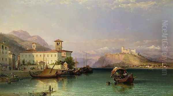 Arona and the Castle of Angera Lake Maggiore Oil Painting by George Edwards Hering