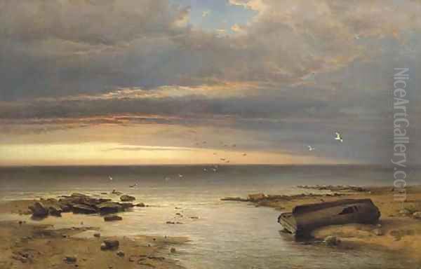 Daybreak night and storm have stolen away and nothing now upon the shore tells the tale of yesterday but a wrecked hope, no calms restore Oil Painting by George Edwards Hering