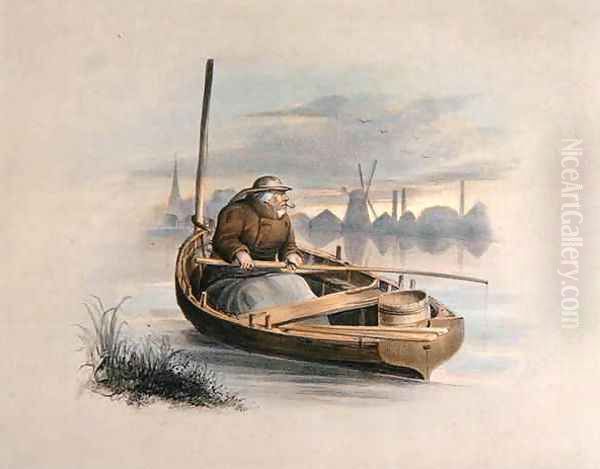 Eel bobing Battersea from a set of six images of Angling Oil Painting by Henry Heath