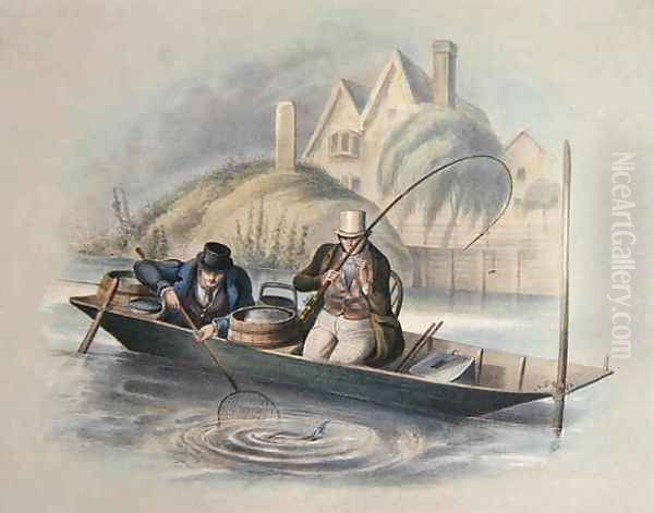 Barbel Fishing Twickenham from a set of six images of Angling Oil Painting by Henry Heath