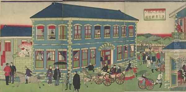 Picture of the Steam Train from the Foreign Establishments of Yokohama Meiji era Oil Painting by Hiroshige III