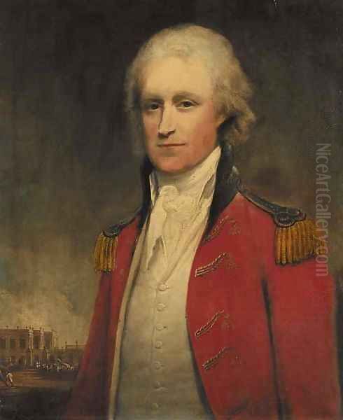 Portrait of an aide-de-camp to the Governor of Bengal, half-length, with Old Government House, Calcutta, beyond Oil Painting by Robert Home