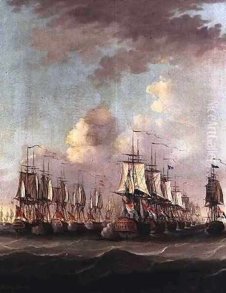 The Battle of Dogger Bank showing the Holland at the rear of the Dutch line with the frigate Amphitrite alongside 1781 Oil Painting by Engel Hoogerheyden