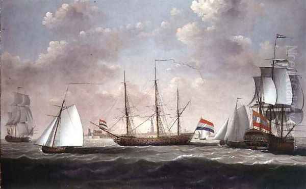 The East Indiaman t Slot ter Hooge and other shipping in a brisk breeze off a Dutch port possibly Flushing Oil Painting by Engel Hoogerheyden