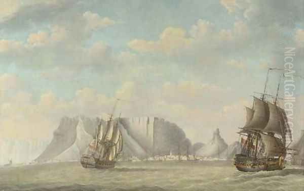 A squadron of Dutch ships, a capriccio view of the Tafelberg, Cape Town, beyond Oil Painting by Engel Hoogerheyden