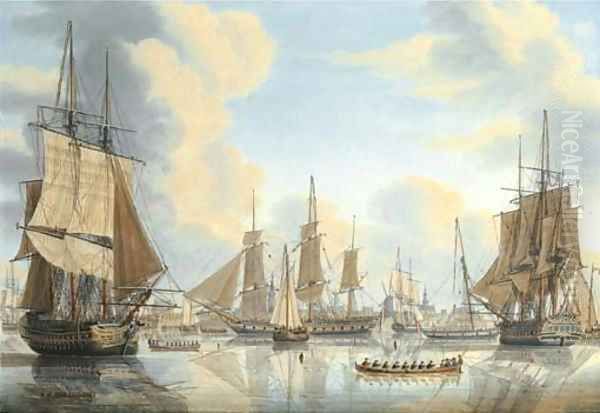 The Batavian fleet under Vice-Admiral Carel Hendrik Verhuell at Flushing Oil Painting by Engel Hoogerheyden