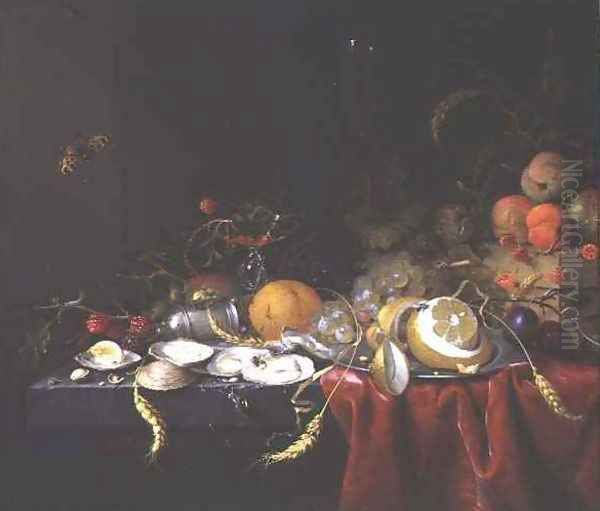 Still life with oysters fruit and ears of corn on a stone ledge Oil Painting by Jan Jansz de Heem