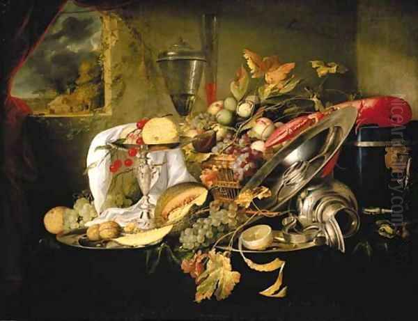 A silver tazza and a basket laden with fruit, silver platters with fruit and a partly peeled lemon, an overturned silver flagon Oil Painting by Jan Jansz de Heem