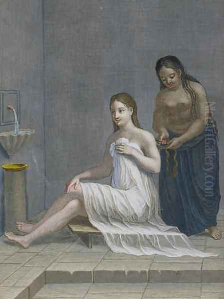 Turkish Girl having her hair braided in the baths Oil Painting by Jean-Baptiste Haussard