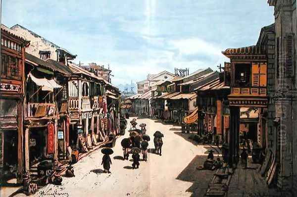 A street in Hong Kong in the mid nineteenth century Oil Painting by Eduard Hildebrandt