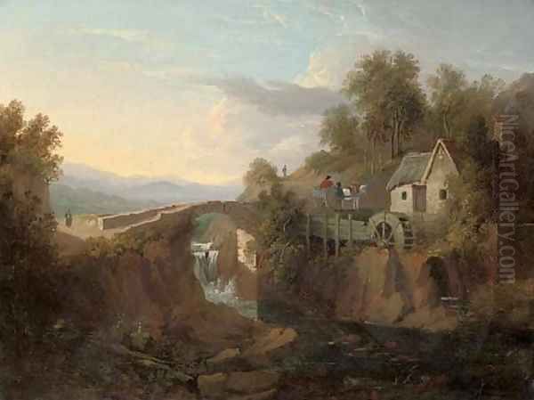 A wooded hilly river landscape with a watermill, and figures and a horse and cart beyond Oil Painting by John Harrington-Bird