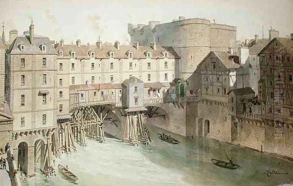 View of Petit Chatelet and the Petit Pont in 1717 Oil Painting by Theodor Josef Hubert Hoffbauer