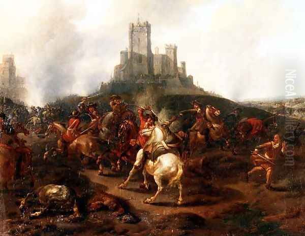 A cavalry skirmish before a fortress Oil Painting by Jan van Huchtenberg