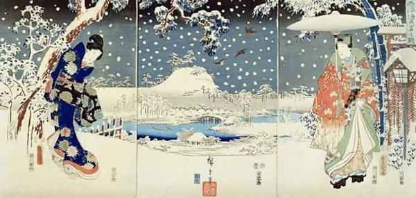 Snow Scene in the Garden of a Daimyo Oil Painting by Utagawa Hiroshige & Kunisada